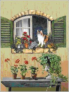 Cottage Window with Cat Tuscan Murals Wallpaper Mural
