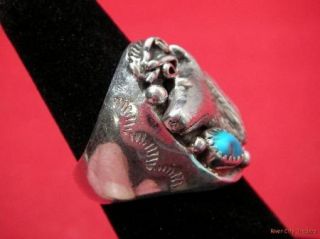 Southwestern Sterling Turquoise Wolf Head Ring Signed K