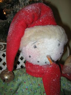 Primitive Olde Winter Christmas Snowman Girl Sitter Doll with Candy