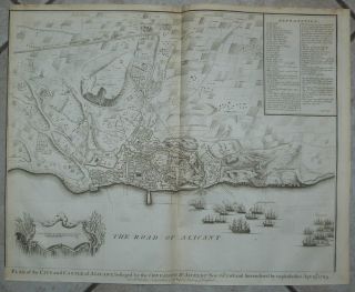 Alicante Spain 1732 Basire Antique Copper Engraved Nautical Battle Map