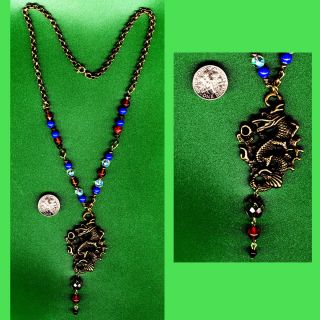 Bronze Tone ASIAN DRAGON & CARNELIAN Beaded Necklace Pendant