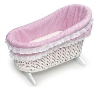 Wicker Doll Cradle with Pink Gingham Bedding —