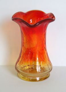Amberina Crackle Glass Vase Vintage Slightled Ruffled Fluted Edge Mini