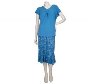 Susan Graver Liquid Knit V neck Top & Printed Skirt —