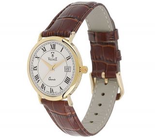 Vicence Large Round Case w/Leather Strap Watch, 14K Gold —