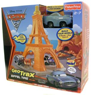  Pixar Cars 2 Geo Trax Eiffel Tire Crash Finn McMissile Tower Toy NEW