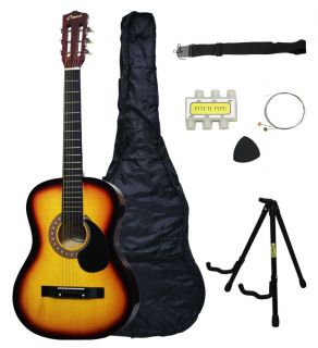 New Crescent Beginners Sunburst Acoustic Guitar Stand Accessory Pack