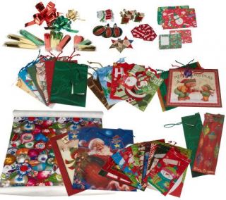 75 Piece Holiday Theme Wrap, Bag and Bow Set with Enclosure Cards 