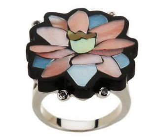 Lee Sands Silvertone Colorful Inlay Ring —