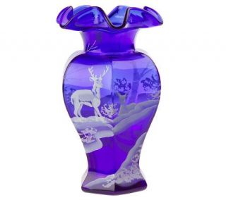 Fenton Art Glass Cobalt Hexagonal Vase with Deer Scene —