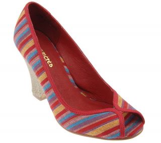 Restricted Striped Fabric Peep Toe Wedges —