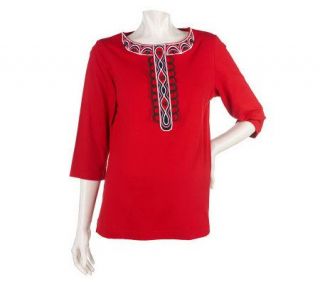 Bob Mackies 3/4 Sleeve Embroidered Tee with Charmeuse Piping