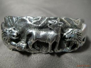 Pride of Lions Motif Sterling Silver Cuff Bracelet Mexico