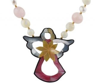 Lee Sands Bead & Cultured Pearl Necklace with Cut Out Angel Inlay 