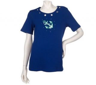 Quacker Factory Short Sleeve Nautical T shirt w/ Grommet Detail