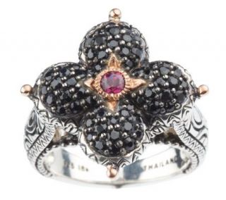Barbara Bixby Sterling/18K Pave Black Sapphire Lotus Ring —