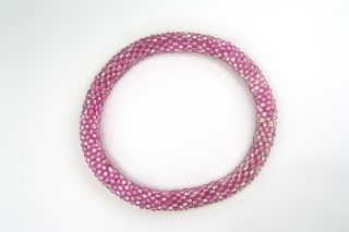 Pink Silver Lined Vintage Bead Crochet Bracelet