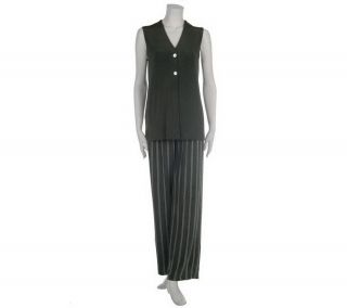 Citiknits Solid V neck Long Vest and Pinstripe Pants —