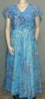 Vtg 60s Blue Purple Floral Chiffon Gown Long Dress Big Flouncy Cape