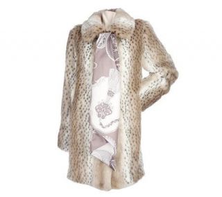 Dennis Basso Cream Lynx Faux Fur Coat with Printed Scarf —