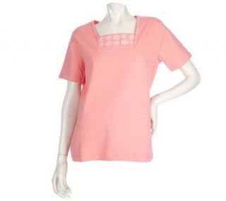 Denim & Co. Short Sleeve Square Neck T shirt w/ Duet and Embroidery 