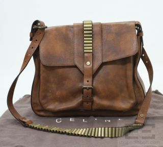 Celine Brown Distressed Leather Gold Trim Crossbody Handbag