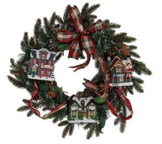 Lit Snowy Village Wreath by Valerie —