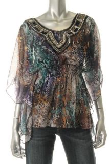 Awake Couture New Multi Color Snake Print Beaded Front Batwing Blouse