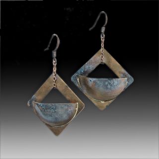 Artisan Crafted Aged Copper Earrings in Geometric Design