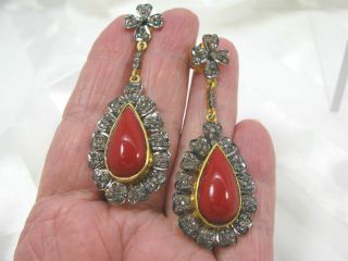 Red Coral Teardrop Rosecut Victorian Diamond Chandelier Earrings