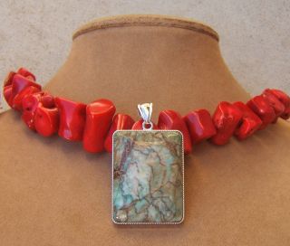 Coral Red Natural Necklace Big Art Deco Gemstone Chunky Blue Turquoise