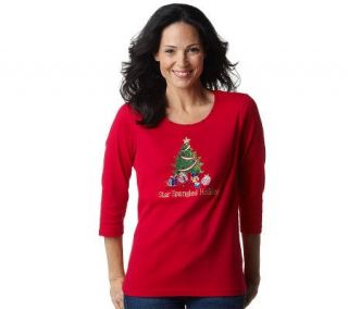 Quacker Factory 3/4 Sleeve Embroidered Holiday Sparkle T shirt 