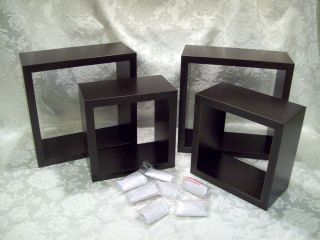 4pc Square Cube Wall Mount Dark Espresso Brown Wood Shelf Unit   BRAND