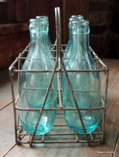Antique CRYSTAL SPRING WATER Bottle 6 Pack Set & WIRE CARRIER Old Blue
