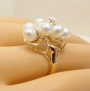 Freshwater Cultured Pearls Diamond Vintage 14k Gold Ring