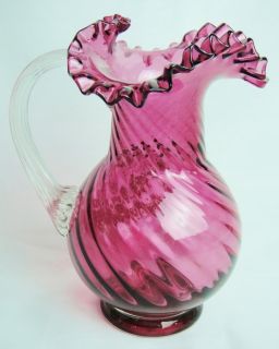 Cranberry Glass Mary Gregory Hand Blown Ruffle Pitcher Girl Swinging