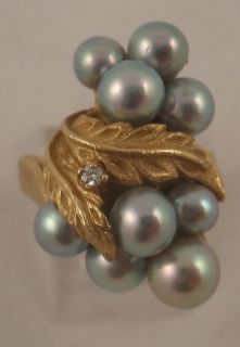  Gray Cultured Pearl Diamond 14k Yellow Gold Cocktail Ring