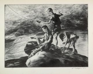 1939 Costigan Fishermen Three Children Fishing Print Original Historic