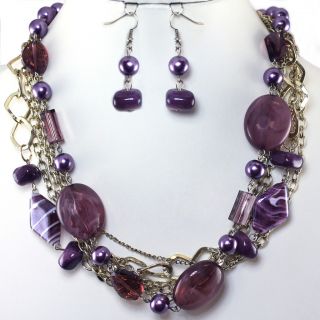 Purple Pearl Bead Gold Layered Earrings Necklace Set Costume Fashion