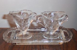 HEISEY #1519 WAVERLY ORCHID ETCH IND. CREAM & SUGAR AND TRAY H