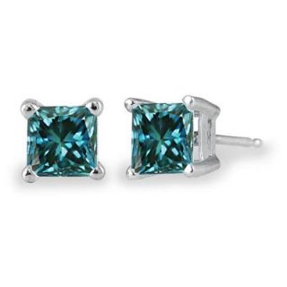 Ct TW Princess Cut Blue Diamond Solitaire Earrings in 14 KT White