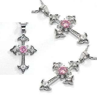 Fashion Jewelry Gift Cross Cut Pink Sapphire White Gold GP Pendant