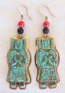 Hand Carved Turquoise Sterling Crow Kachina Earrings by Artist