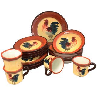 Country Rooster Hand Painted 16 Piece Dinnerware Set Serving for 4