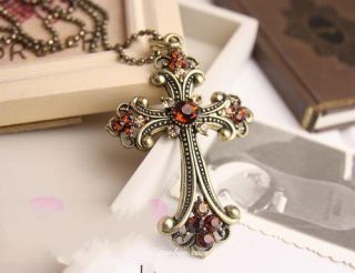  Bronze Crystal Cross Pendant Long Chain Necklace Korean Style Pendant
