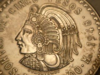 Mexico 1948 Silver Cuauhtemoc 5 Peso Coin Uncirculated