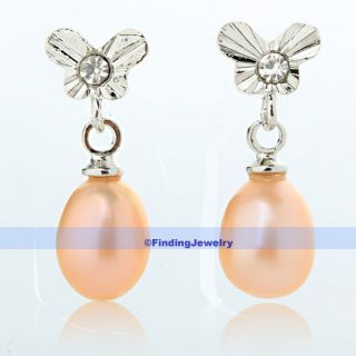  Flower Genuine Pink Pearl Crystal Drop Earrings Christmas Gift