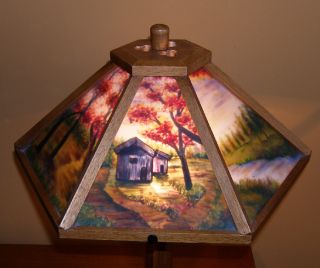 Dale Tiffany Reverse Painted Glass Panel Craftsman Lamp Oak Base and