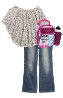 Jenna & Jessie Floral Batwing Top, Squeeze Flare Leg Jeans & Roxy Lunch Bag Set (Little Girls)