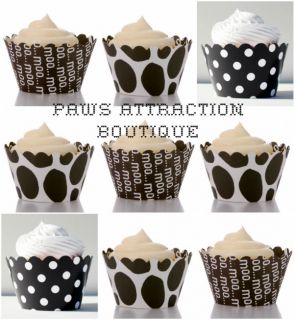12 Reversible Cupcake Wrapper Cow Pattern Moo Print Black White Polka